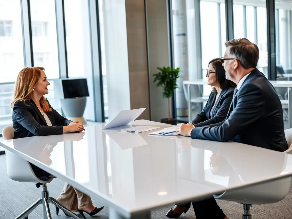A professional mediator facilitating a discussion between two parties in a brightly lit, modern office setting, emphasizing collaboration and understanding.