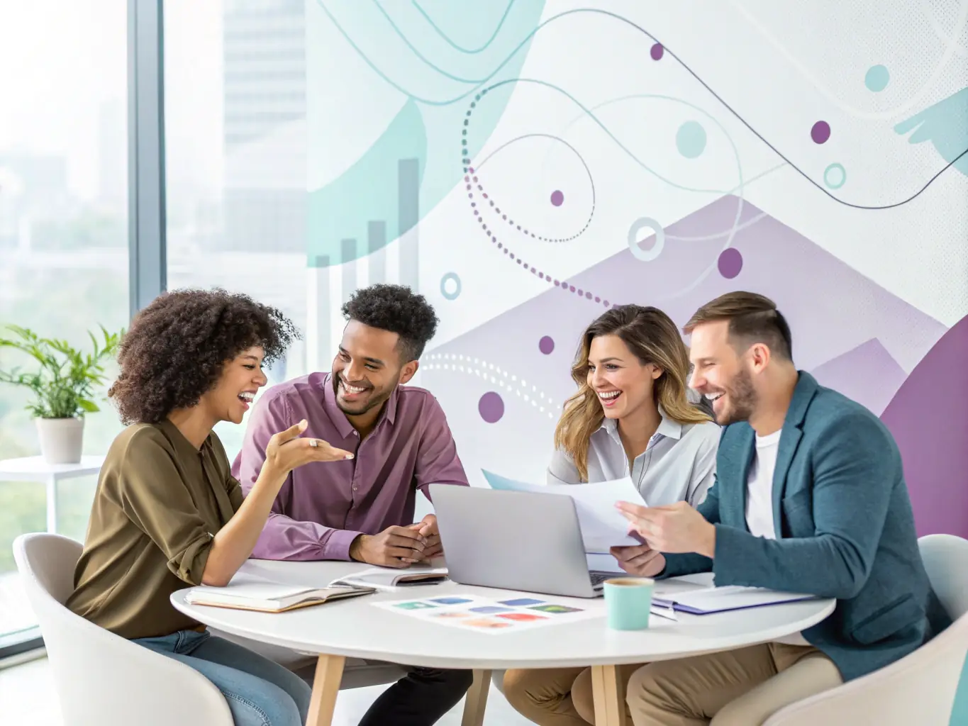 An image of a diverse group of employees collaborating in a modern office setting, symbolizing a positive and compliant work environment.