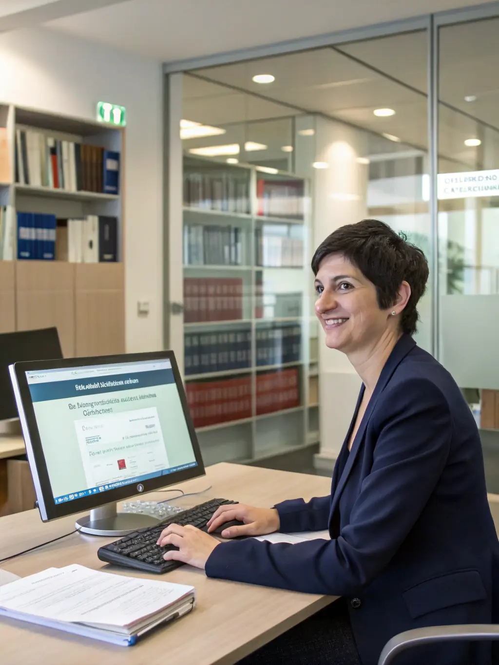 A supportive lawyer talking to a client in a bright office, representing the firm's commitment to providing personalized support and guidance.