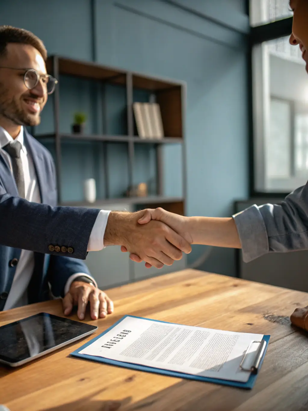 A photograph of two people shaking hands, symbolizing mutual agreement and consent in the prenuptial process.