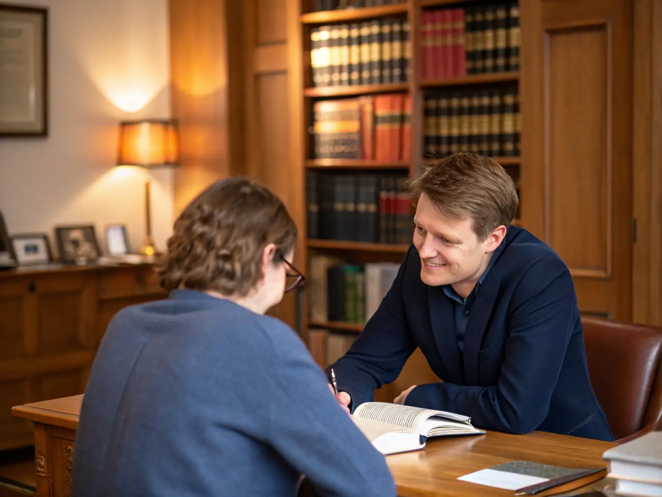 A friendly attorney at Becker Law Firm listening attentively to a client's concerns during a consultation.