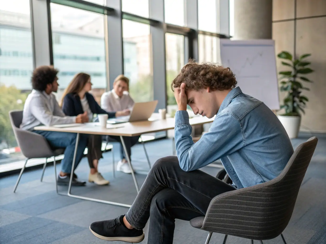 An employee is visibly upset and distressed while sitting at their desk, with a hand covering their face, as a colleague stands nearby making inappropriate and harassing comments.