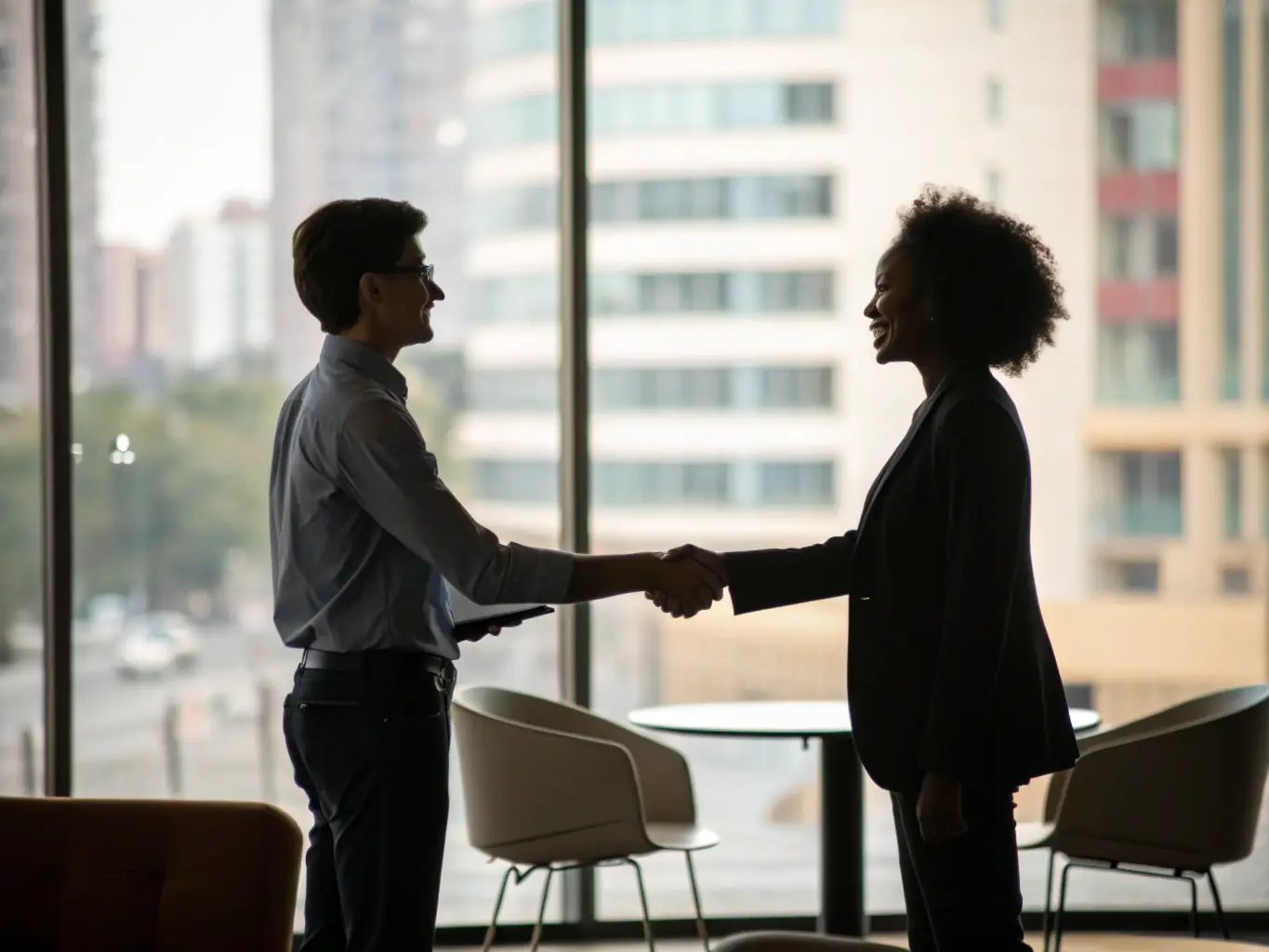 Two hands shaking firmly, symbolizing agreement and control over the outcome in a mediation session, set against a backdrop of legal documents.