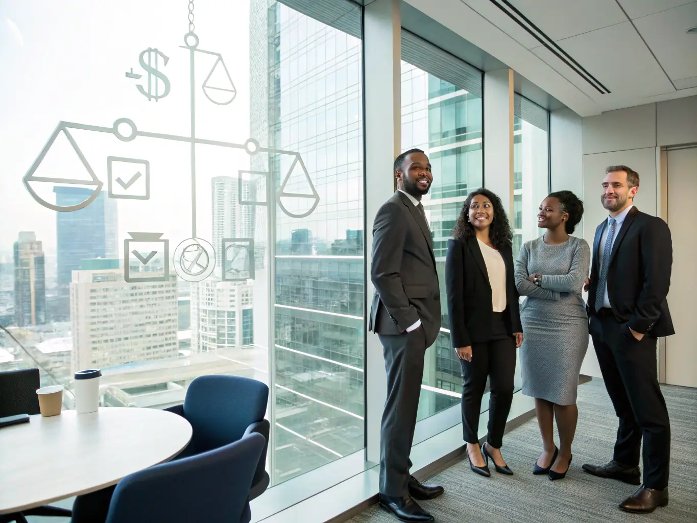 A diverse group of employees standing together, symbolizing unity and protection against workplace discrimination, with the scales of justice subtly overlaid in the background.