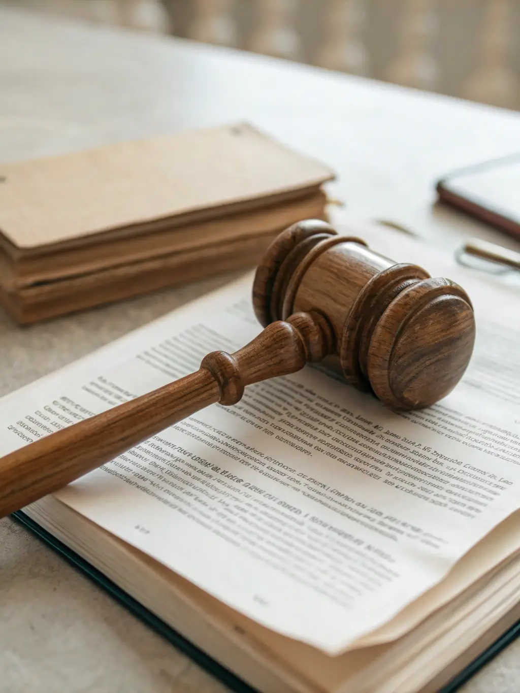 An image of a judge's gavel resting on a stack of legal documents, representing the importance of legal compliance.