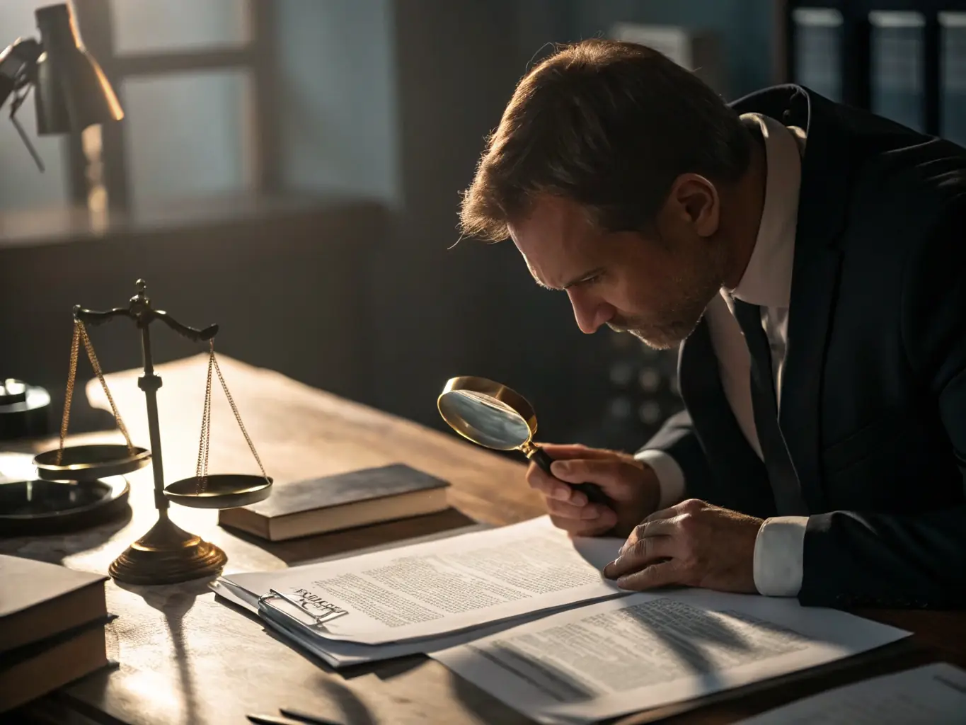 A close-up shot of a lawyer's hands reviewing an employment contract, with a magnifying glass highlighting key clauses, set in a modern law office.